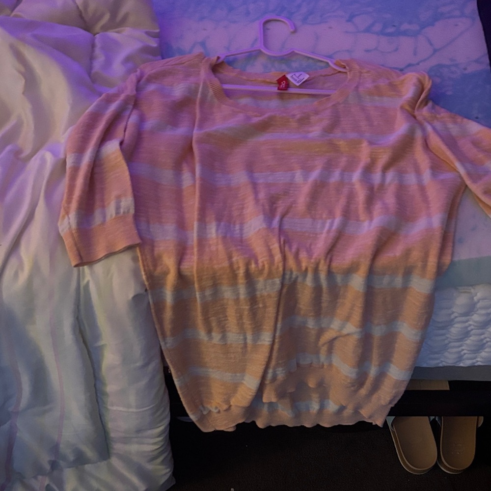 Divided Striped Crew Neck Sweater - Pink and White